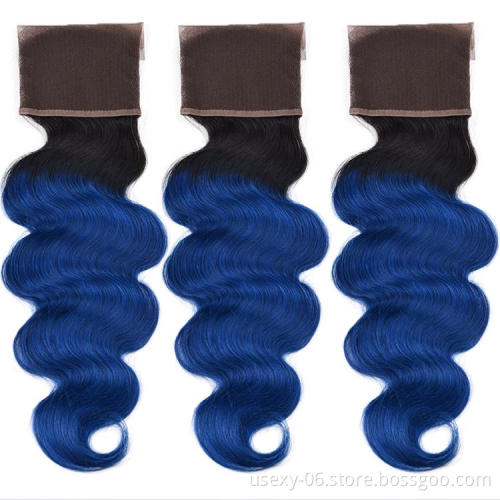 Ombre Remy Hair Brazilian Hair Extension Two Tone Color 1B/Blue Body Wave 13*4 Swiss Lace Frontal